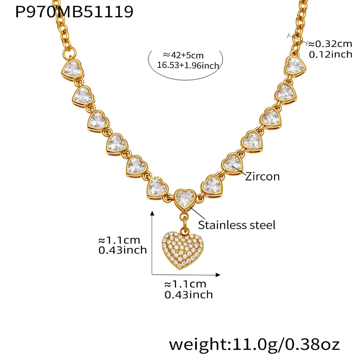 B廠-超閃5A鋯石滿鑽15個愛心鎖骨項鍊不鏽鋼鍍18k真金珠寶首飾「P970」25.11-4