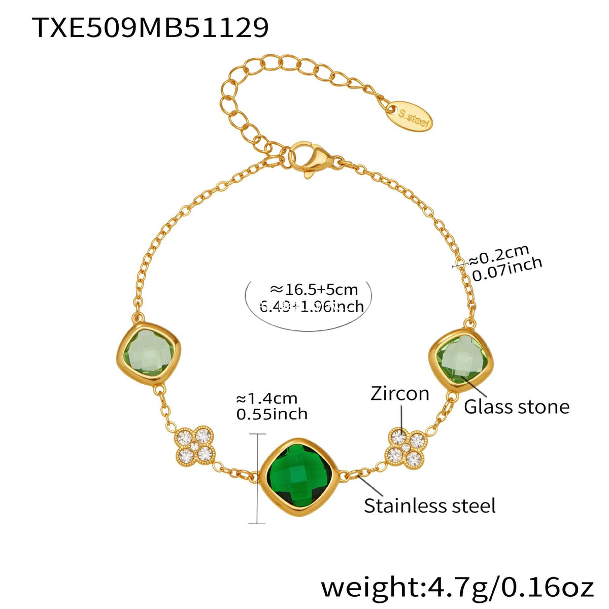 B廠-不鏽鋼四葉花鑲鋯石切麵包邊石頭手鍊長款毛衣鏈項鍊耳環首飾套裝「TXP509」25.12-1