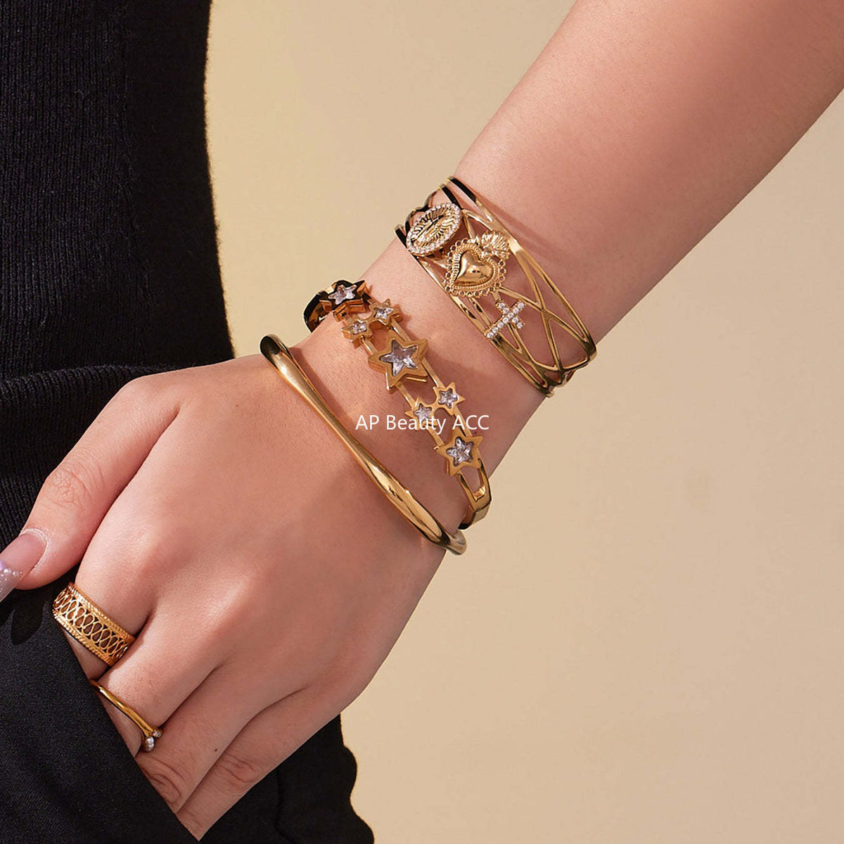 B廠-超閃5A鋯石五角星彈簧卡扣手鐲不鏽鋼材質鍍18k真金不掉色「Z500-Z501-Z502」25.10-5