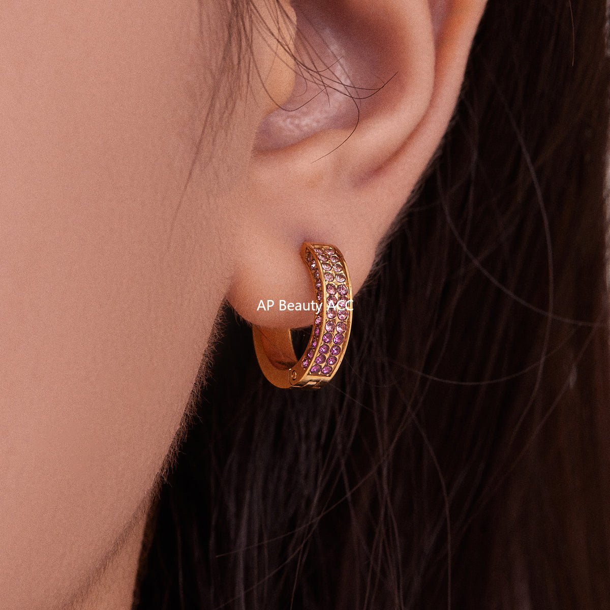 B廠-ins風高質量彩色5A鋯石圓圈卡扣耳環不鏽鋼鍍18k真金耳飾女「F930」25.11-2