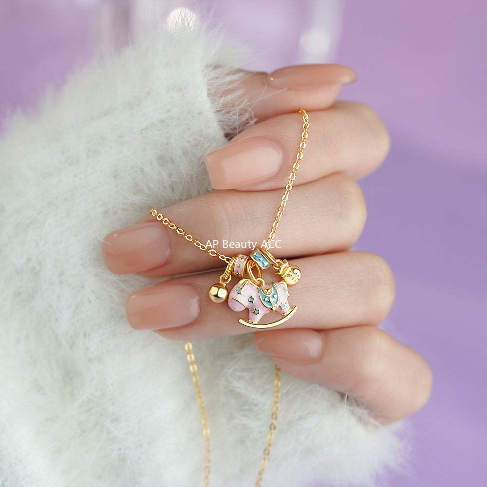 D廠-原創足銀S999搖搖馬項鍊女生肖馬多巴胺童趣國風創意鎖骨鏈批發「YC1589N_1」25.12-1