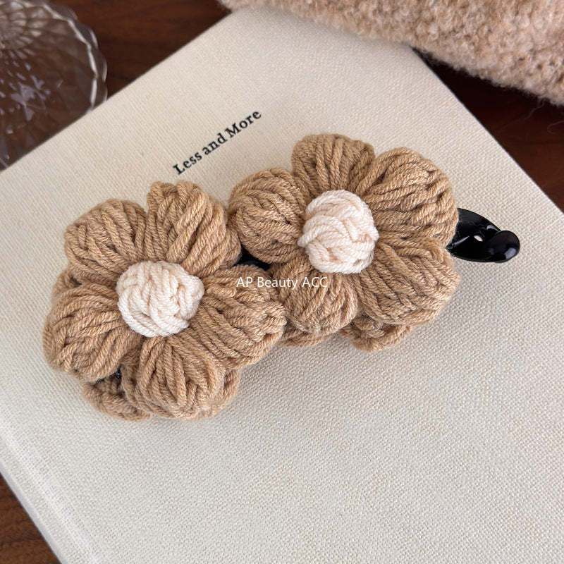 E廠-復古毛線花朵香蕉夾竪夾女秋冬飽滿後腦勺高馬尾抓夾氣質百搭髮夾「27628」25.11-1