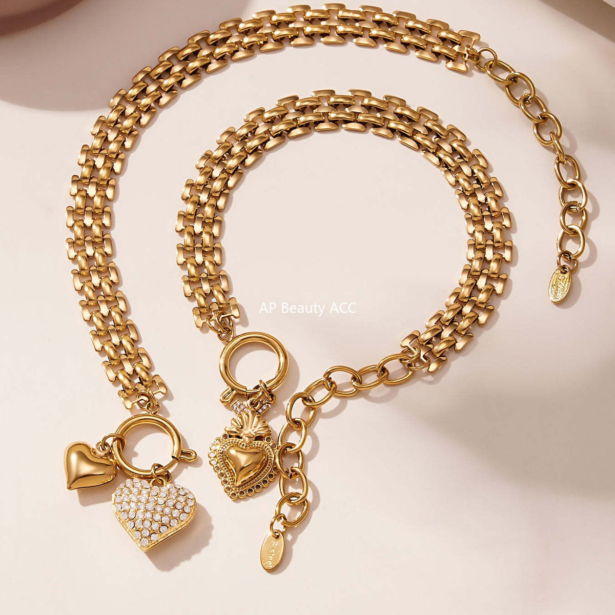 B廠-新款錶帶鏈彈工扣滿鑽鋯石愛心吊墜項鍊手鍊套裝不鏽鋼材質「TXP476」25.11-3