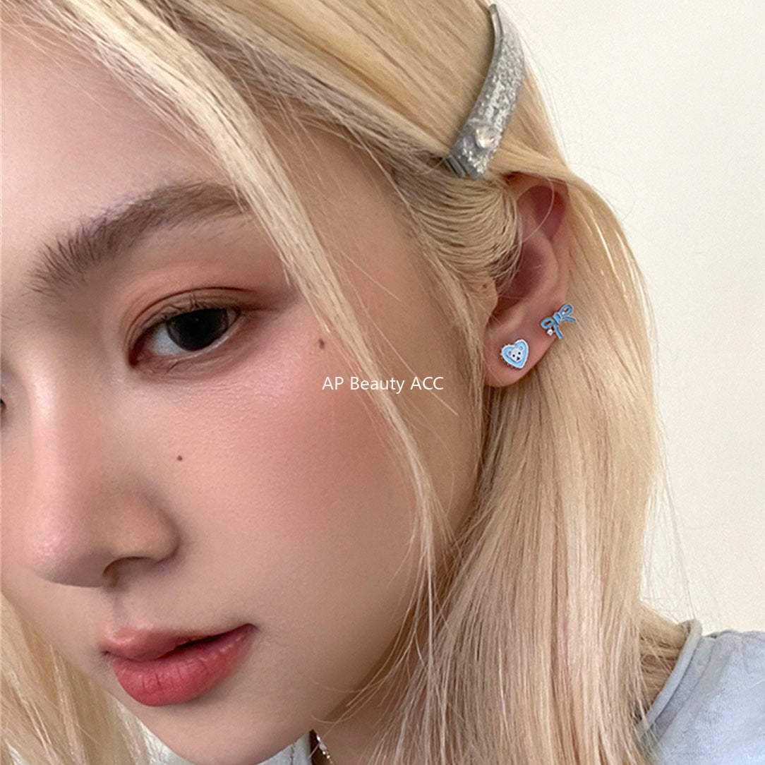 C廠-超可愛藍色愛心滴油小熊耳釘女甜美精緻少女蝴蝶結耳骨釘百搭耳飾「EH-4191」25.12-1
