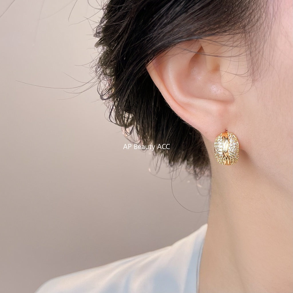 A廠-老錢風滿鋯實物很閃時尚高級感925銀針簡約通勤百搭幾何耳環 耳飾「6992」25.11-1