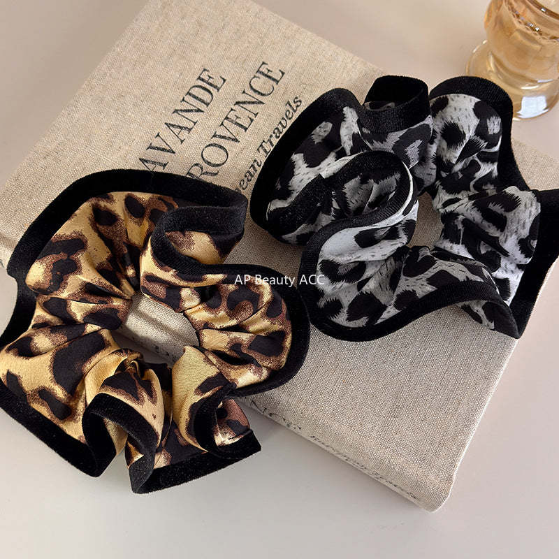 E廠-復古豹紋拷邊大腸髮圈頭繩髮飾秋冬頭花扎馬尾皮筋高級感髮繩頭飾「27700」25.11-4