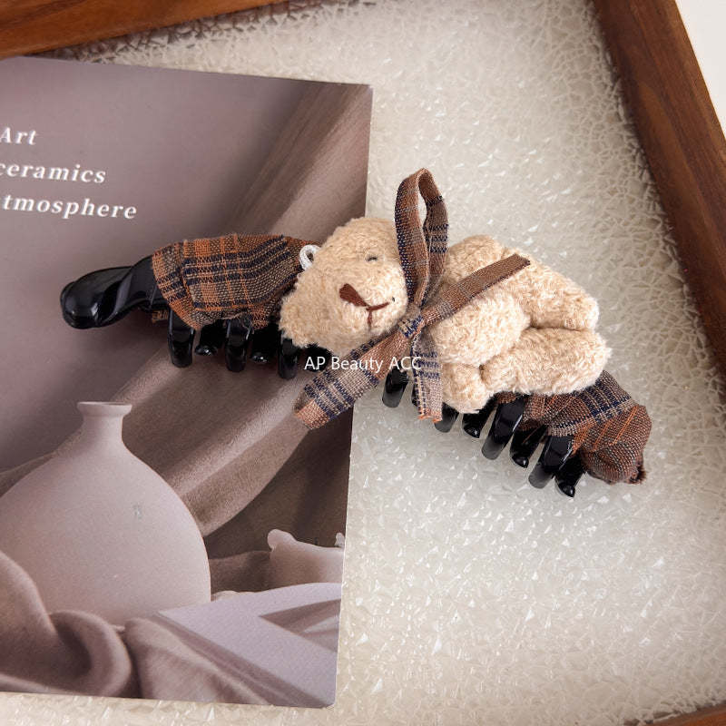 E廠-美拉德格紋布藝蝴蝶結玩偶小熊香蕉夾髮夾竪夾大號馬尾夾韓版髮飾「27722」25.11-4