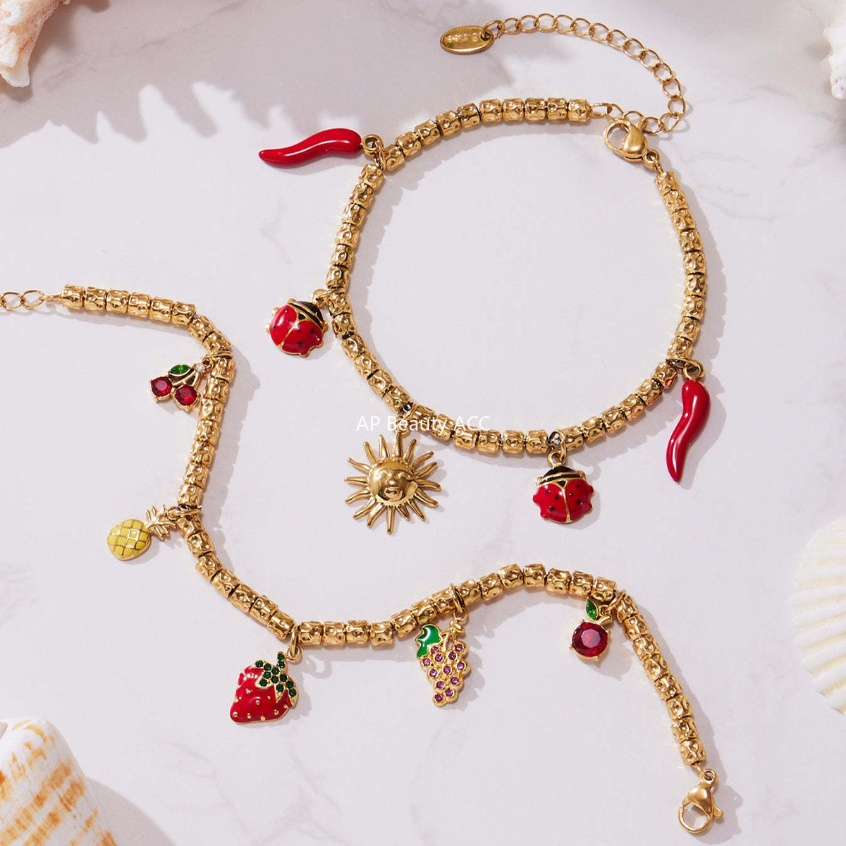 B廠-跨境新款不鏽鋼小辣椒太陽多配件壓紋鋼珠手鍊組合鍍18k金「E699-E700」25.10-5