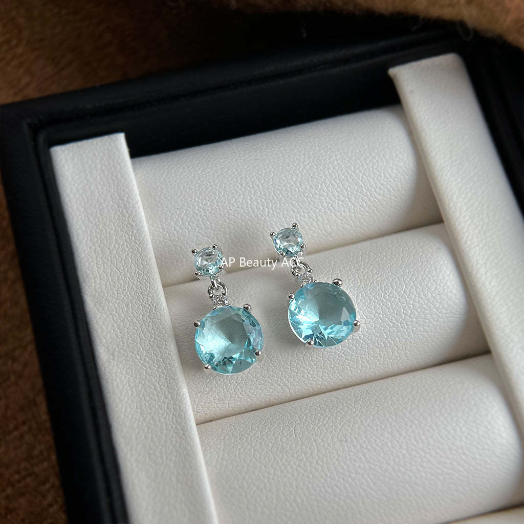 A廠-海藍色時尚高級感清新甜美鋯石耳環幾何簡約通勤飾品工廠耳飾「7053」25.11-4