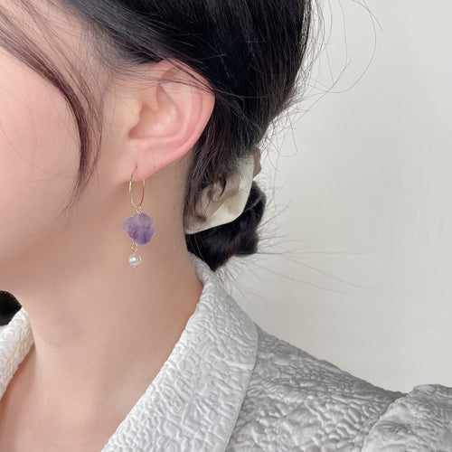 A廠-天然石紫水晶手工藝設計感原創設計不對稱手工耳環女甜美氣質耳環女「3911」24.05-1