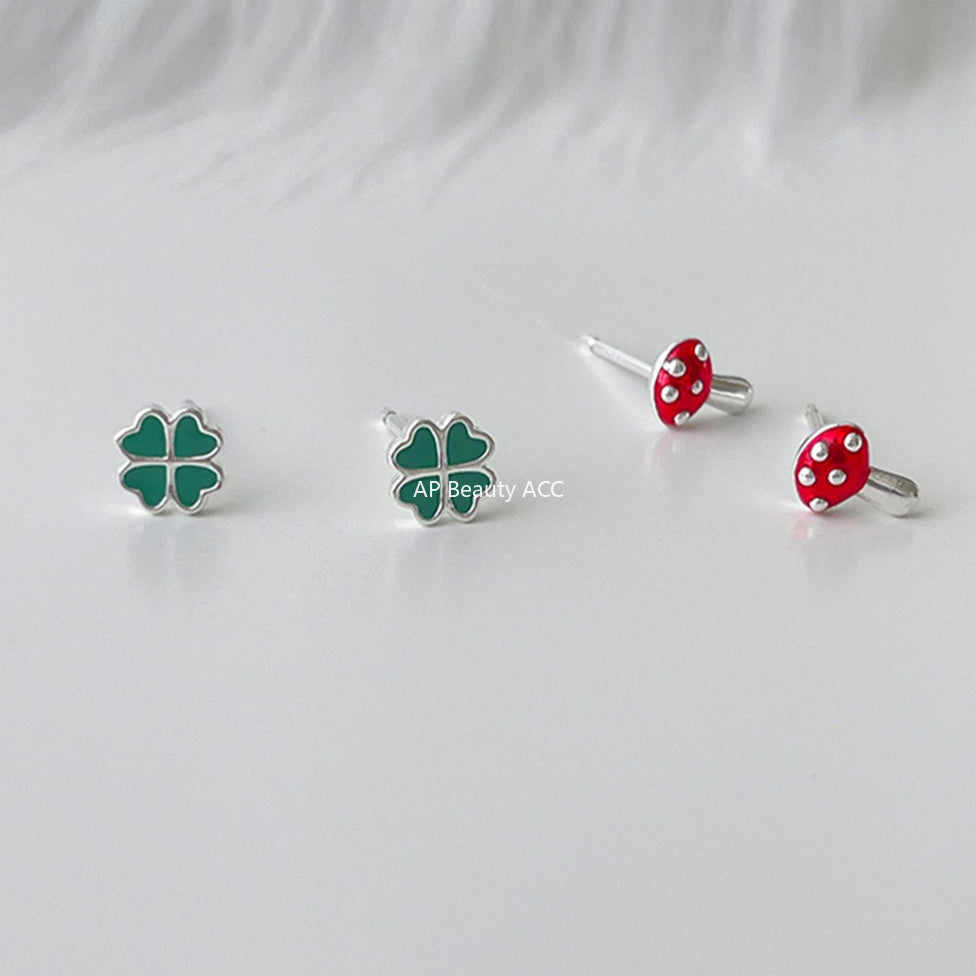 C廠-925銀針森系小清新幸運草耳釘女日常百搭可愛小蘑菇耳環精緻耳飾「EH-4232」25.10-3