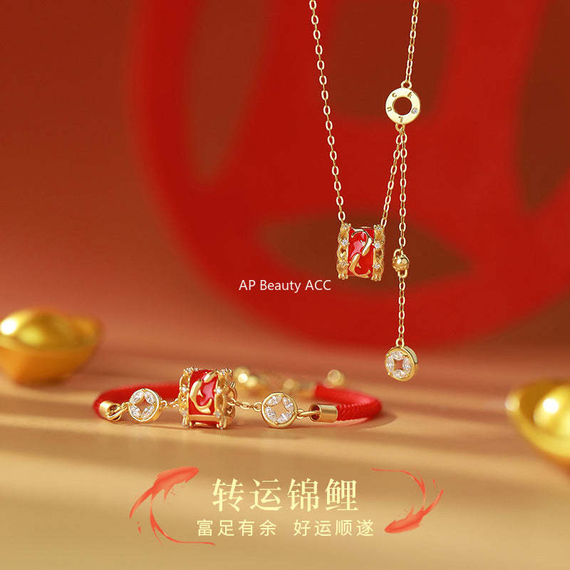 D廠-原創S999足銀轉運錦鯉圓環流蘇項鍊本命年手鍊如意中式首飾「YC3223N_1 YC4597SL_1」25.10-5