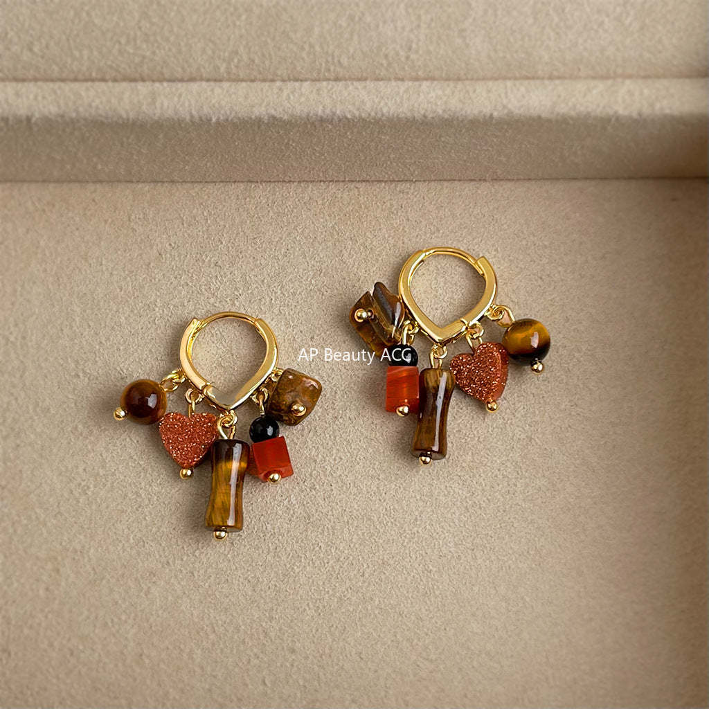 A廠-文藝復古民族風天然石虎眼石手工設計感愛心流蘇新款耳飾工廠耳環「7178」25.12-3