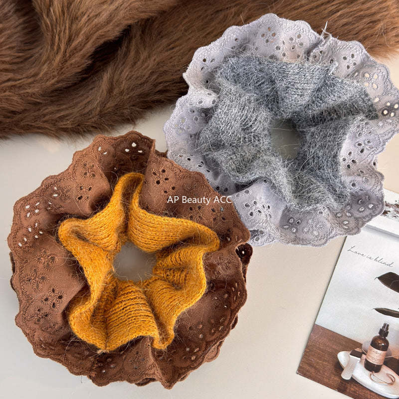 E廠-秋冬韓系毛線針織蕾絲大腸髮圈女超大丸子頭低馬尾頭繩慵懶風頭飾「27752」25.12-1