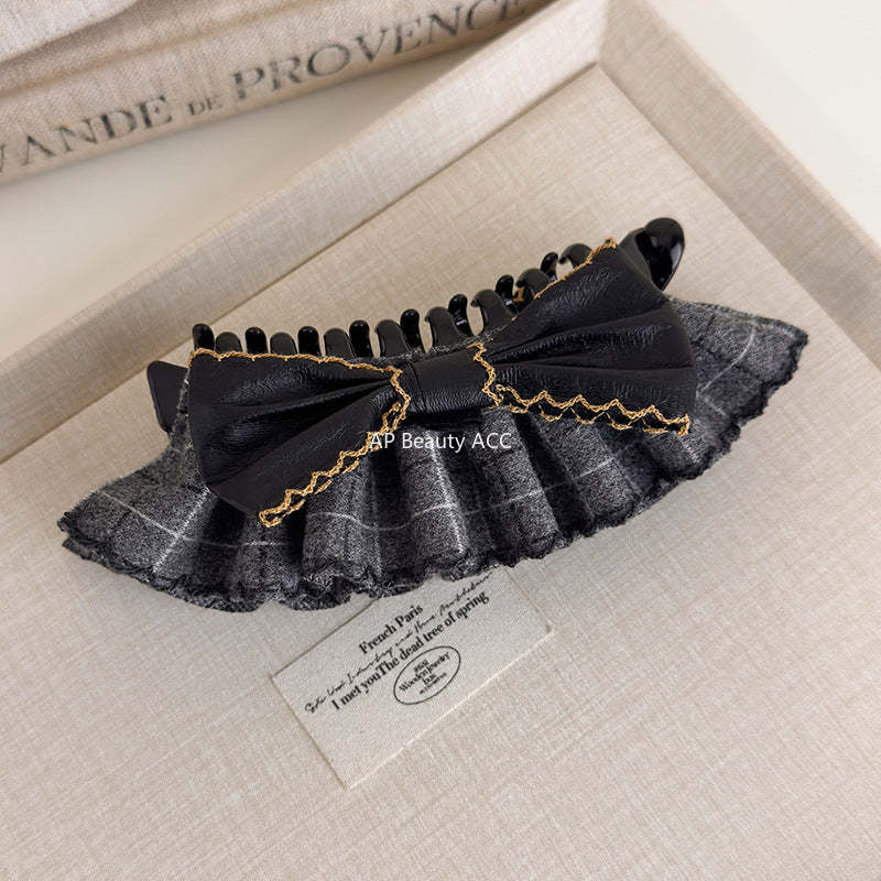 E廠-復古格紋學院風可露麗香蕉夾後腦勺蝴蝶結髮夾髮卡竪式高馬尾髮飾「27719」25.11-4