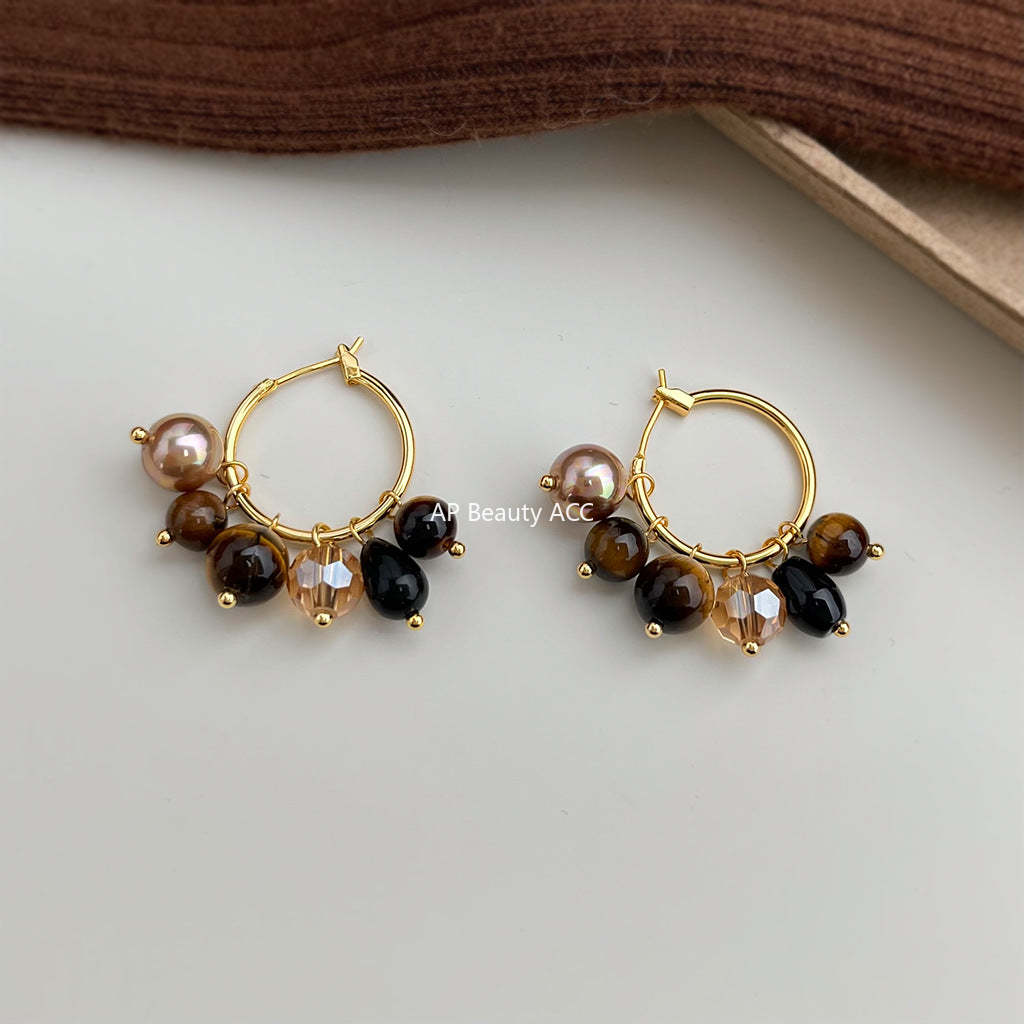 A廠-文藝復古天然石虎眼石手工藝設計感幾何圓圈耳環中古風飾品耳環「7145」25.11-4