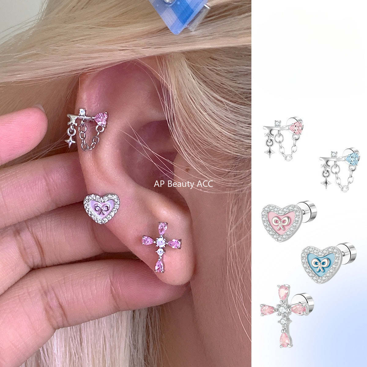 C廠-甜美精緻粉色鋯石十字架耳釘女個性獨特小香風鈦鋼耳骨釘小眾耳飾「EH-4328」25.11-4
