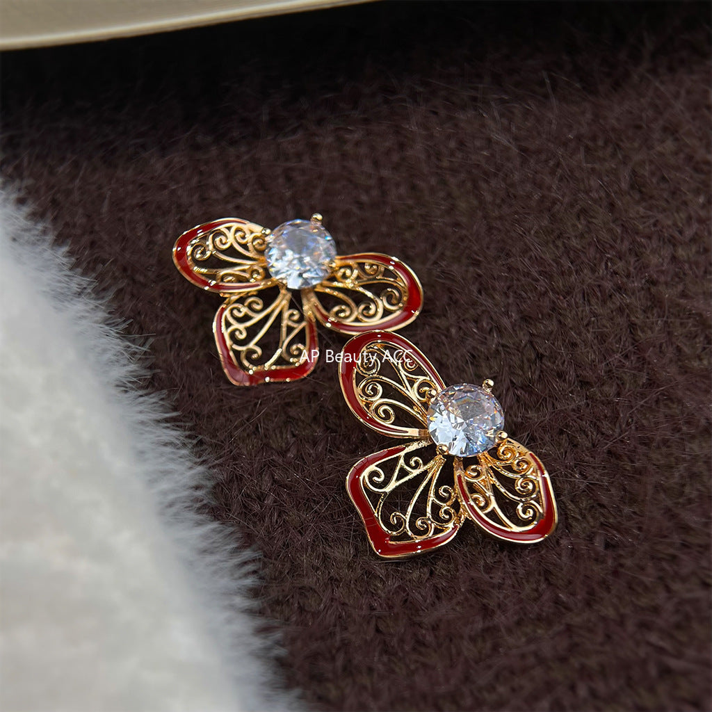 A廠-新中式文藝復古微鑲鋯石925銀針琺瑯滴釉鏤空花朵新款爆款耳飾「7071」25.11-2