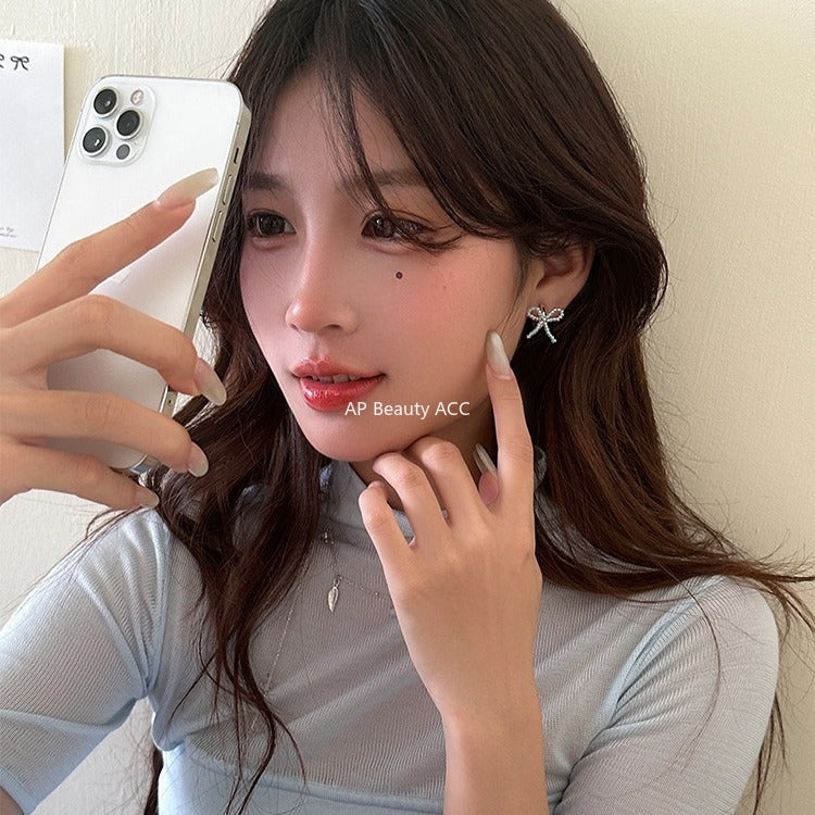 C廠-甜美小香風串珠蝴蝶結耳釘女絕美百搭高級感耳環韓系輕奢氣質耳飾「EH-4125」25.11-1