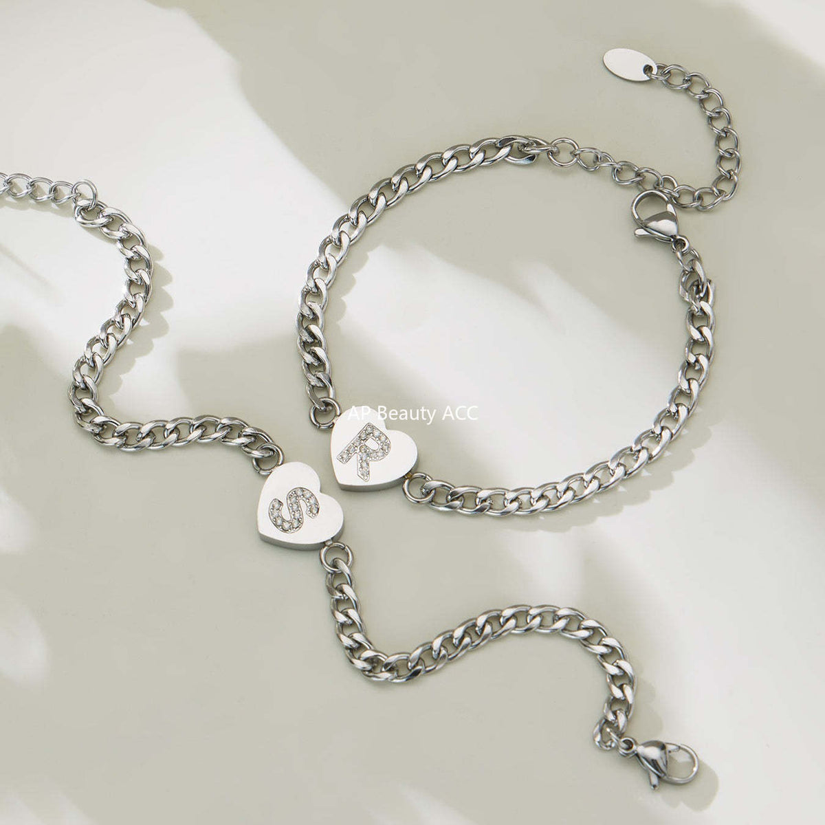 B廠-不鏽鋼愛心字母鑲嵌鋯石吊墜項鍊手鍊套裝 歐美個性首飾鍍18k真金「RP021」25.12-1