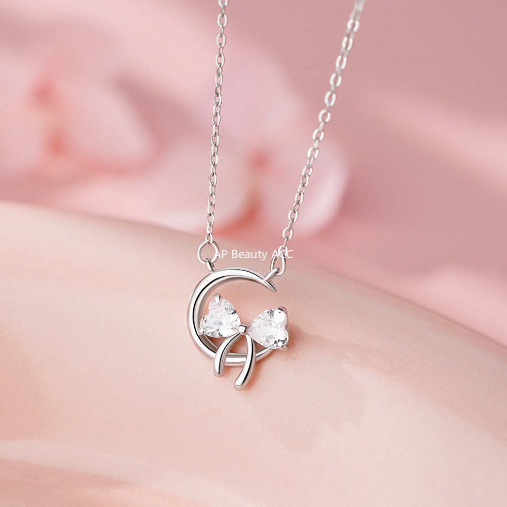 D廠-純銀S925月亮蝴蝶結項鍊甜美公主少女心精美吊墜鎖骨鏈批發「YC2587N_1」25.12-1