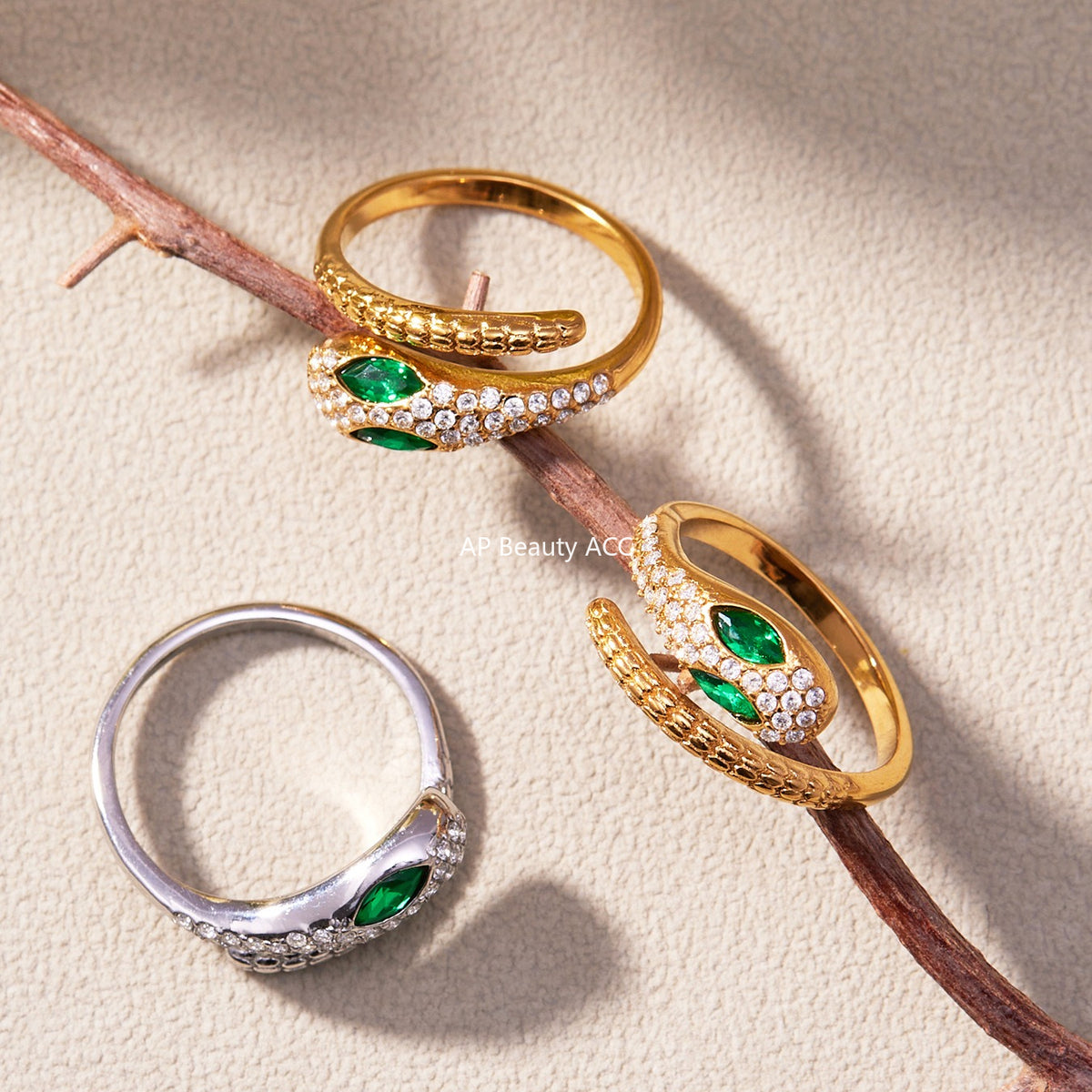 B廠-超閃5A鋯石蛇形開口戒指尾戒不鏽鋼鍍18k真金簡約時尚飾品「A659」25.11-1