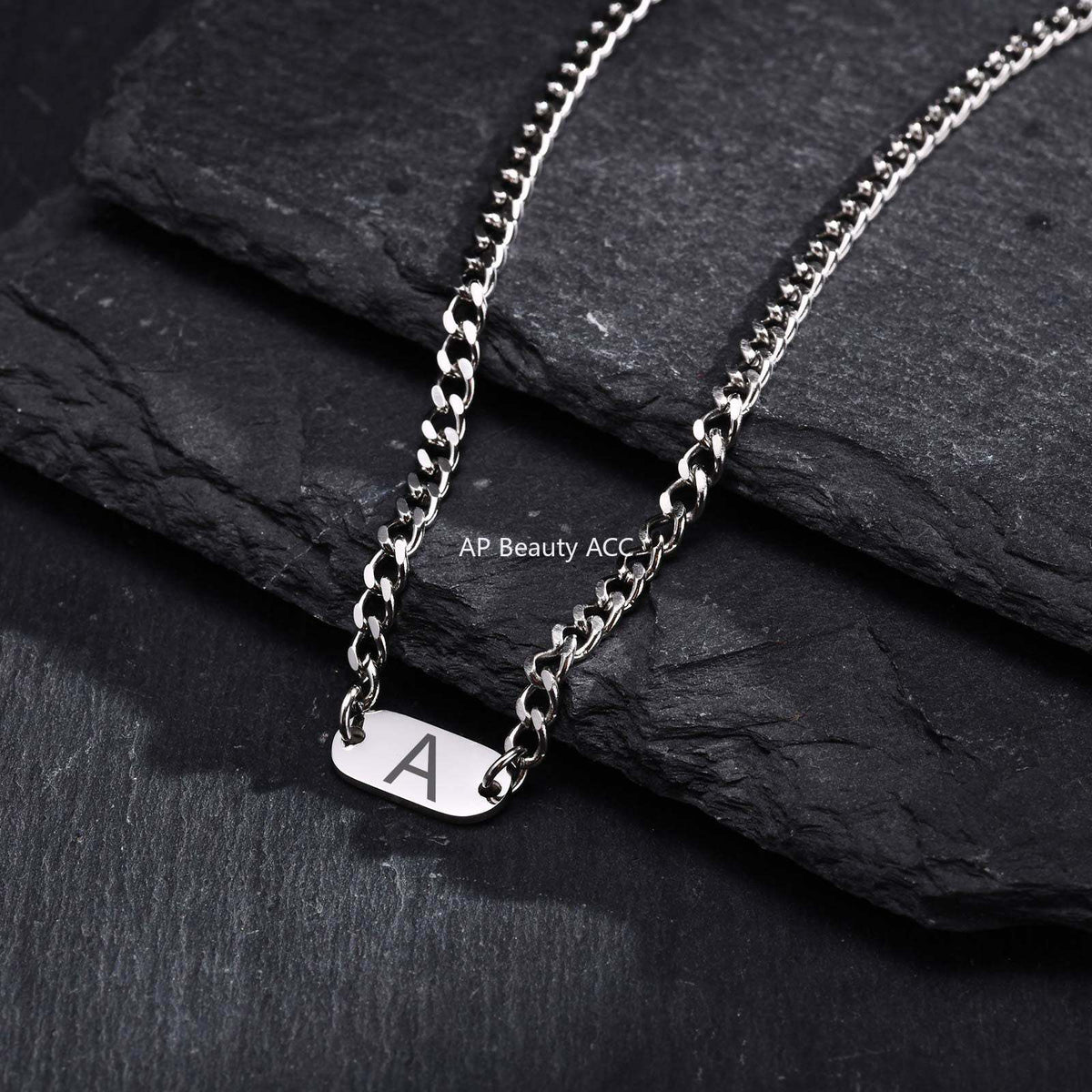 G廠-不鏽鋼磨鏈橢圓牌嘻哈小眾設計英文字母項鍊鋼色「NC-1898S」25.11-3