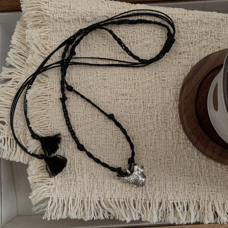 C廠-多寶滿足鳥串珠吊墜S925純銀項鍊女復古小眾高級感編織繩毛衣鏈「1633」25.12-3