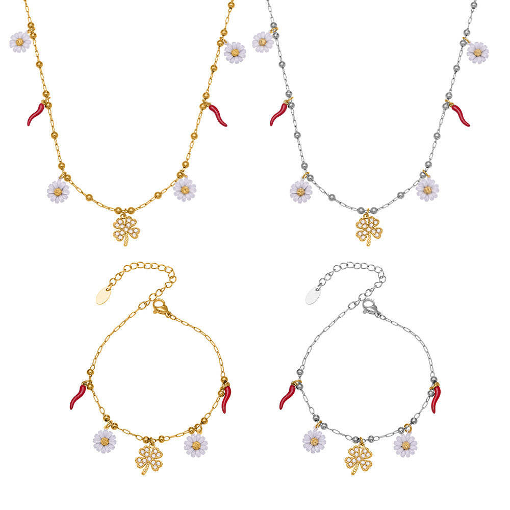 B廠-5A鋯石幸運草法國小雛菊多吊墜項鍊手鍊套裝不鏽鋼珠寶首飾「TXP483」25.11-4