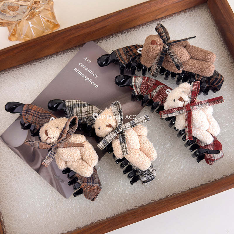 E廠-美拉德格紋布藝蝴蝶結玩偶小熊香蕉夾髮夾竪夾大號馬尾夾韓版髮飾「27722」25.11-4