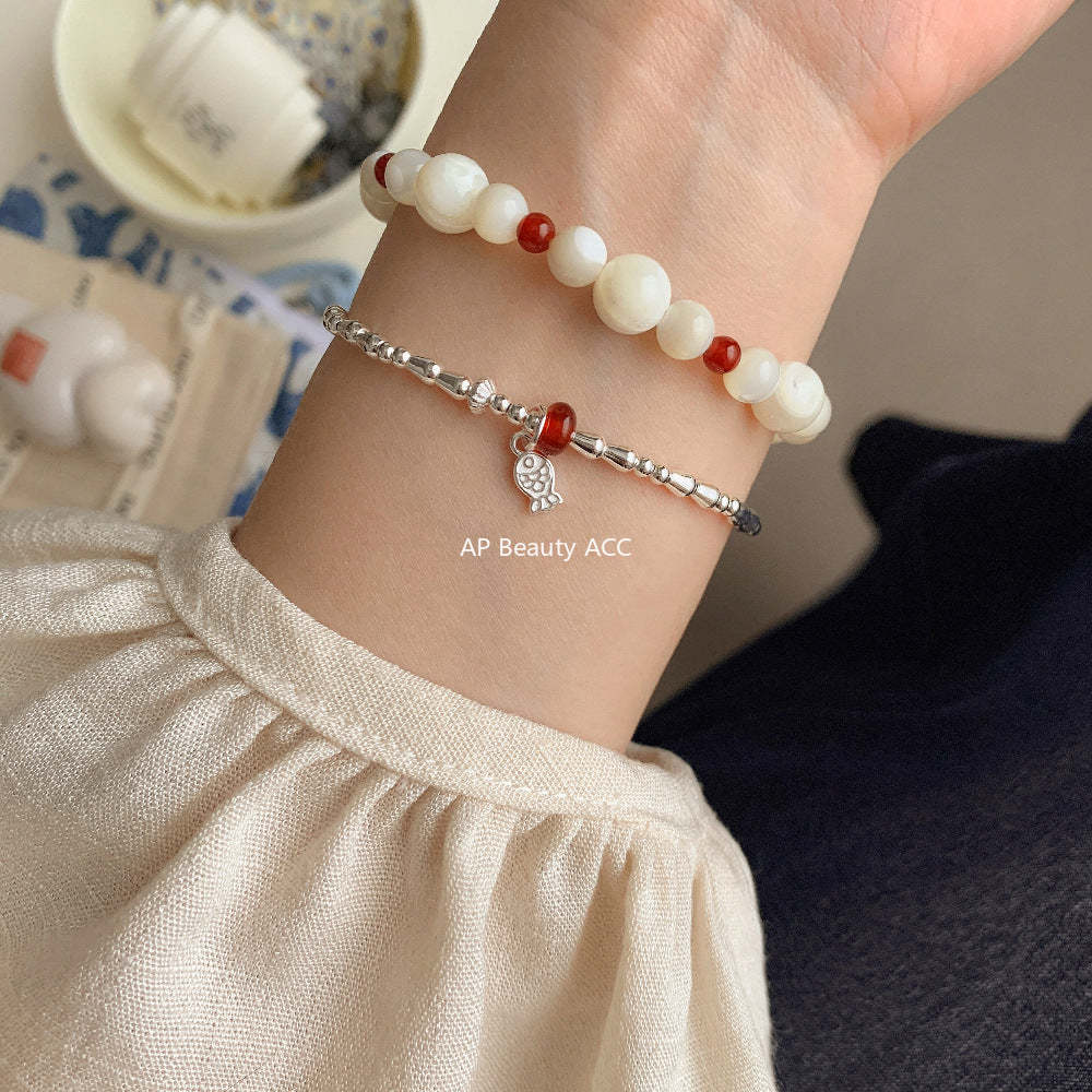 C廠-新中式國風古風小魚兒紅瑪瑙S925純銀戒指彈力戒指S925純銀手鍊「1511」25.11-3