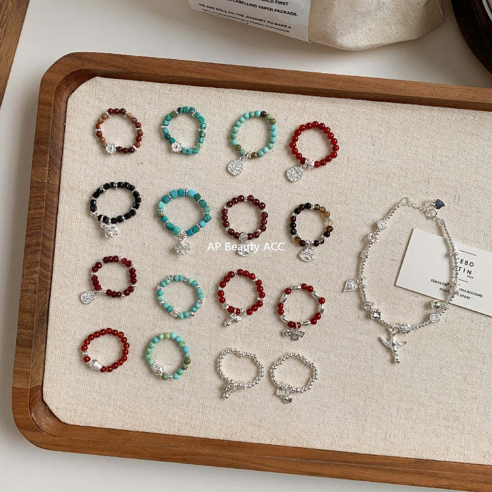 C廠-古風花朵葉子福袋小馬元寶蘋果紅瑪瑙彈力戒指S925純銀戒指女士「RB」25.11-4