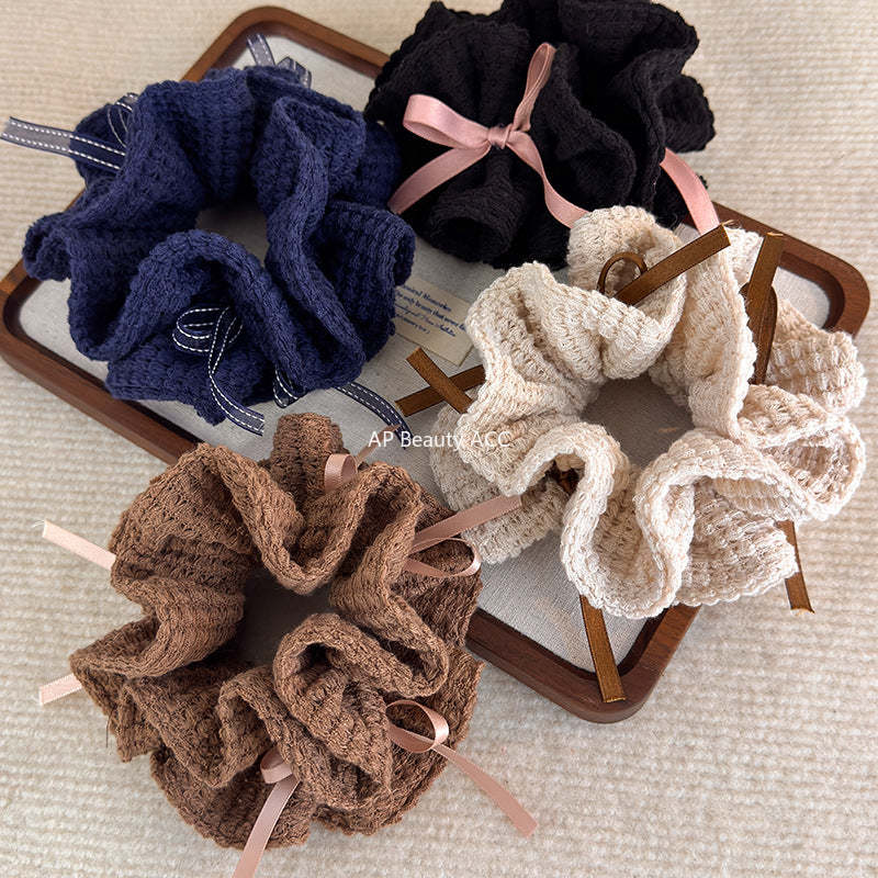 E廠-甜美少女風針織鏤空絲帶蝴蝶結大腸圈髮繩女新款韓系百搭扎頭髮圈「27784」25.12-2