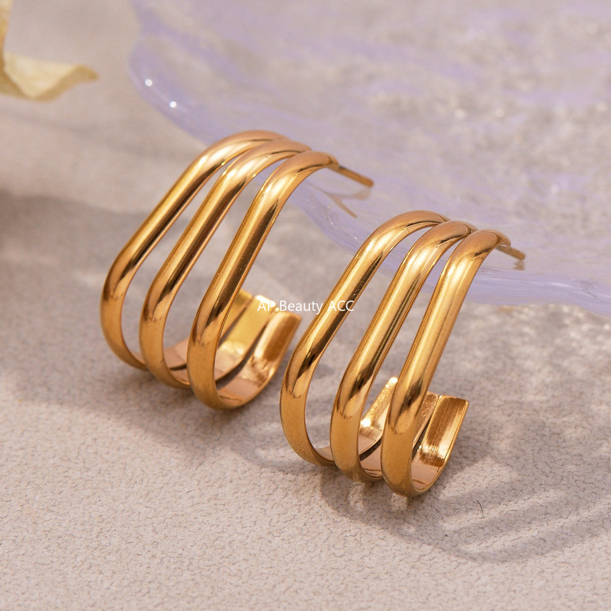 B廠-ins風小眾設計三層愛心形耳環不鏽鋼18k鍍金耳釘不掉色耳飾「F753」25.11-1