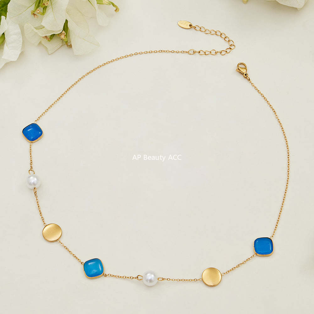 B廠-不鏽鋼貓眼石多色手工串膠珠鎖骨項鍊鍍18k真金質感女款珠寶首飾「P822」25.12-2