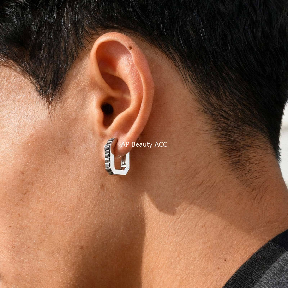 G廠-不鏽鋼黑色水鑽八邊形潮流玩家INS 風男友風耳圈鋼色「EH-802」25.12-1