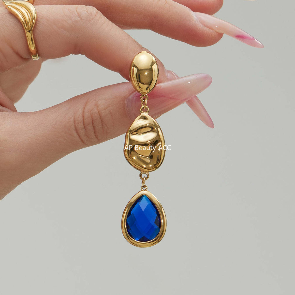 B廠-不鏽鋼空心水滴切面玻璃石耳環歐美小眾時尚高質感耳飾鍍18k真金「F764」25.12-1