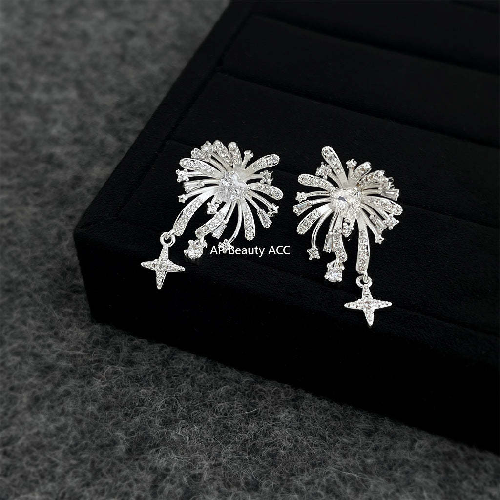 A廠-時尚高級感煙火925銀針芒星流蘇設計感新款耳飾工廠耳環飾品「7022」25.11-1