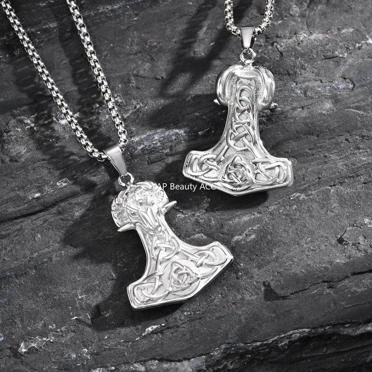 G廠-哥特風 不鏽鋼維京羊頭雷神錘吊墜項鍊 北歐男士復古飾品「PN-2218」25.11-1