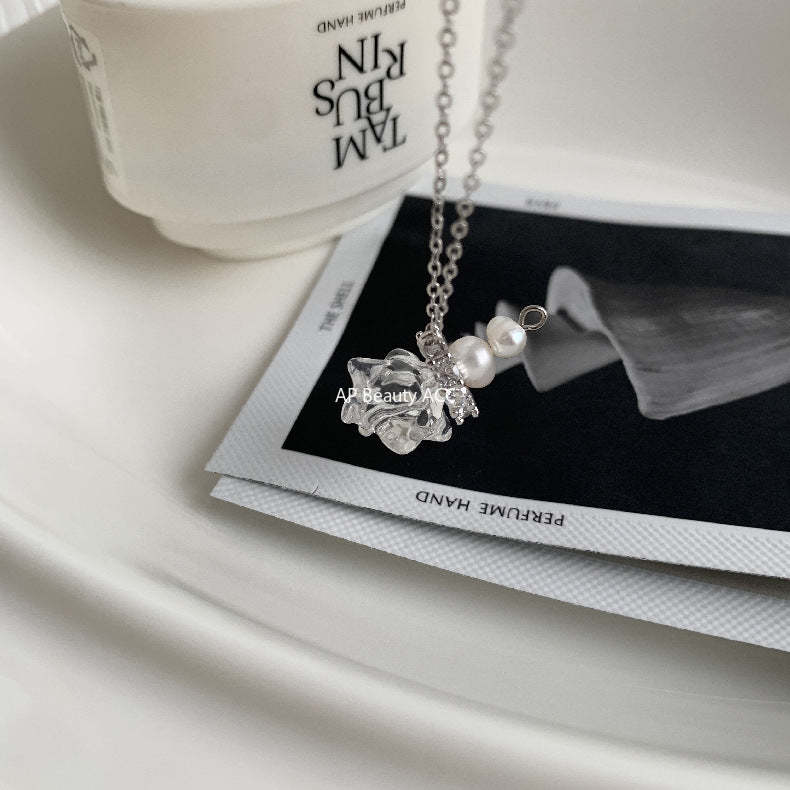 C廠-韓國ins風小眾設計 守護星 天然白水晶天然淡水珍珠S925純銀項鍊「1497」25.11-3