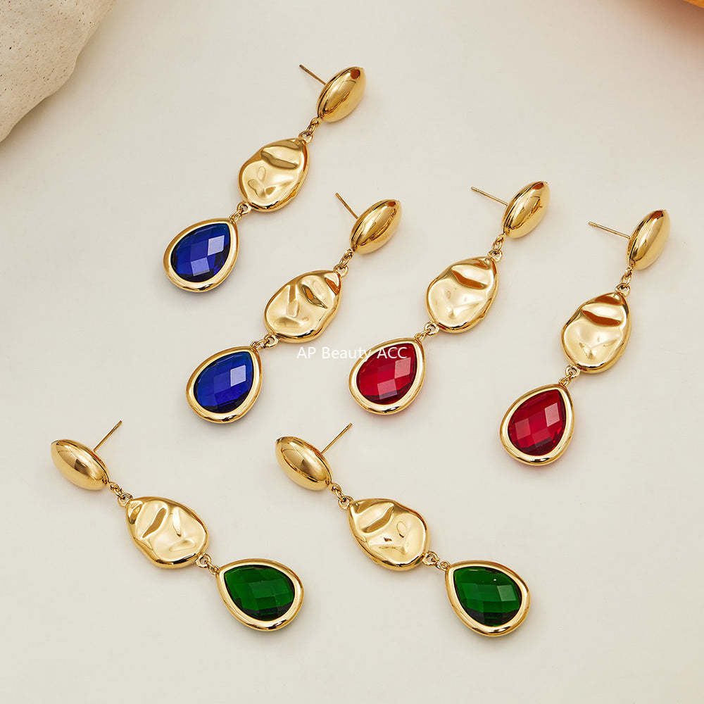 B廠-不鏽鋼空心水滴切面玻璃石耳環歐美小眾時尚高質感耳飾鍍18k真金「F764」25.12-1