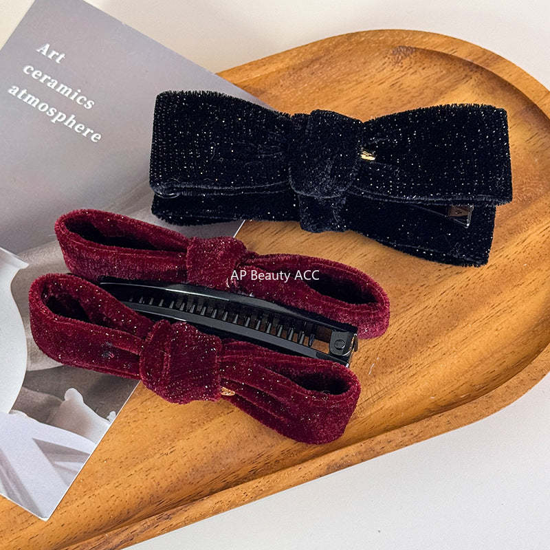 E廠-復古金絲絨細閃蝴蝶結香蕉夾女扭扭夾秋冬新款高馬尾竪夾髮卡髮飾「27763」25.12-1