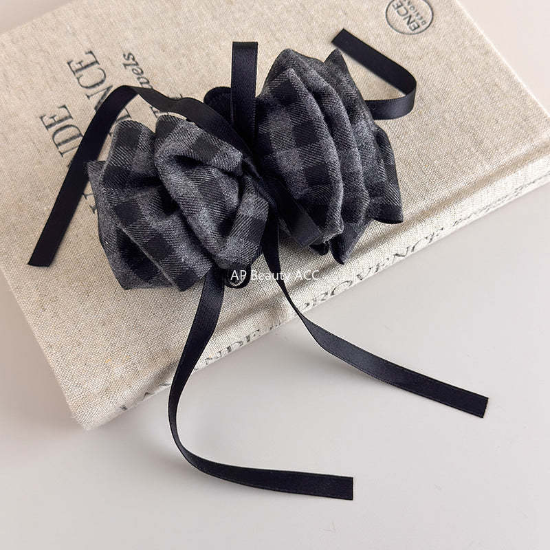 E廠-韓系格雷灰磨毛格紋褶皺花苞香蕉夾溫柔氣質高級飄帶蝴蝶結馬尾夾「27723」25.11-4