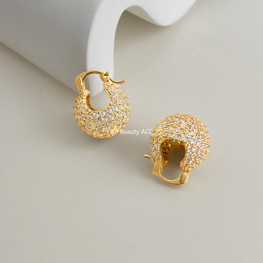 A廠-厚鍍真金滿鋯石時尚通勤老錢風幾何圓豆豆耳環新耳飾工廠飾品「7059」25.11-2