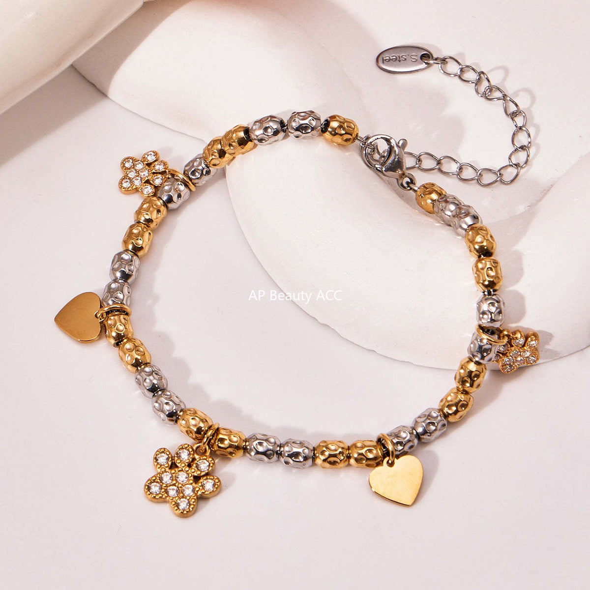 B廠-簡約不鏽鋼拼色項鍊手鍊套裝四葉草鑲嵌鋯石吊墜鍍18k真金「TXP467-TXE467」25.11-3