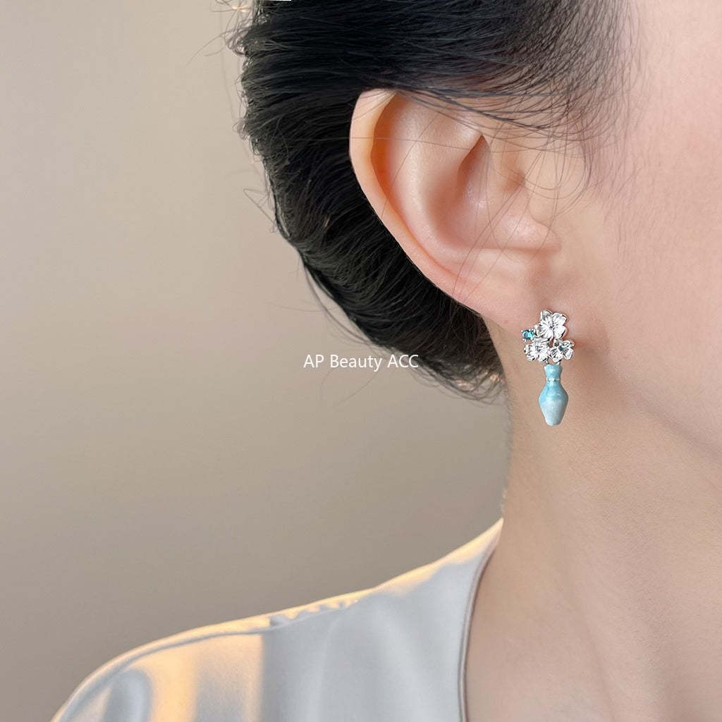 A廠-原創優雅唯美個性花瓶925銀針琺瑯滴釉漸變色清冷感耳飾工廠 耳環「7040」25.12-1