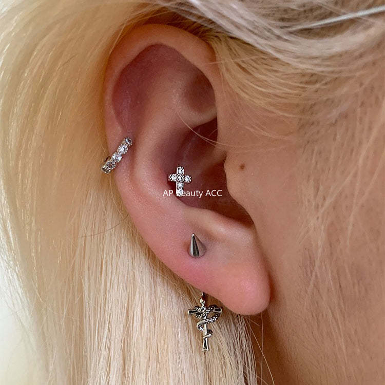 C廠-酷颯黑暗風纏繞小蛇十字架耳釘女輕奢高級感氣質鈦鋼耳骨釘新耳飾「EH-4346」25.12-3