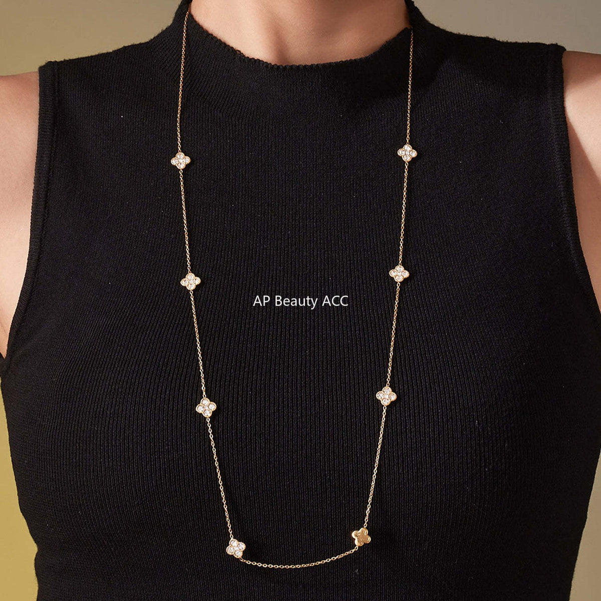 B廠-超閃5A鋯石小花朵滿鑽長款毛衣鏈歐美風時尚百搭不鏽鋼飾品「M086」25.11-3