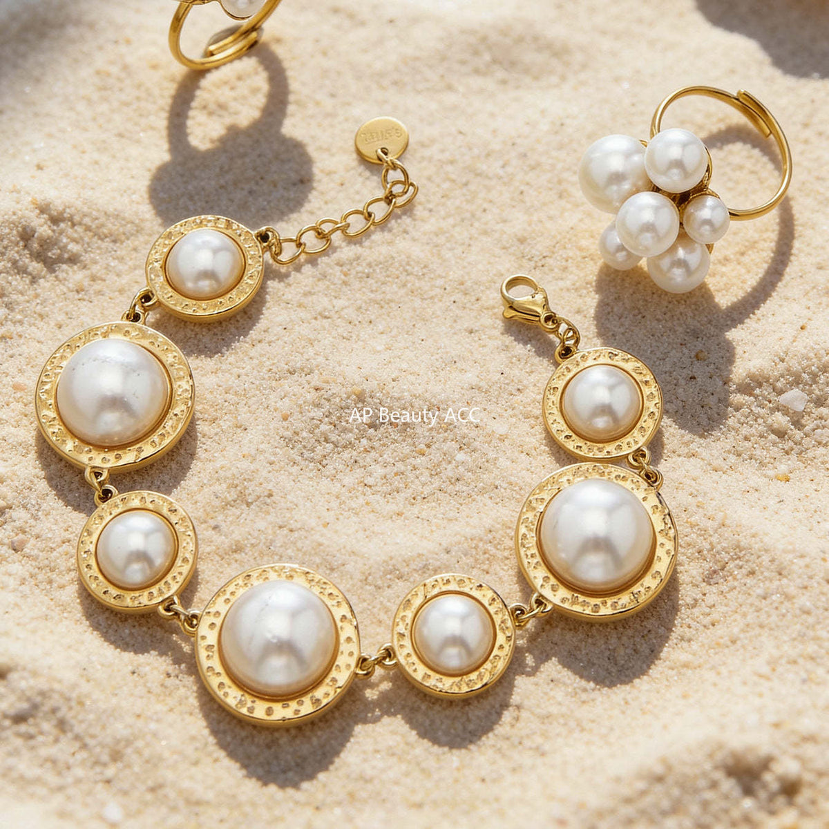 B廠-不鏽鋼多彩貝珠開口戒指個性圓膠紙手鍊首飾套裝鍍18k真金不掉色「TXA520-TXE520」25.12-3