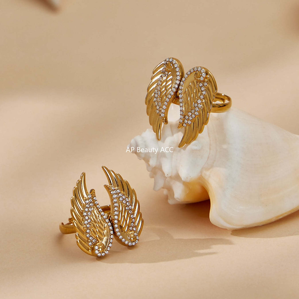 B廠-不鏽鋼5A鋯石愛心翅膀吊墜項鍊羽翼開口戒指套裝鍍18k真金不掉色「TXP523」25.12-3